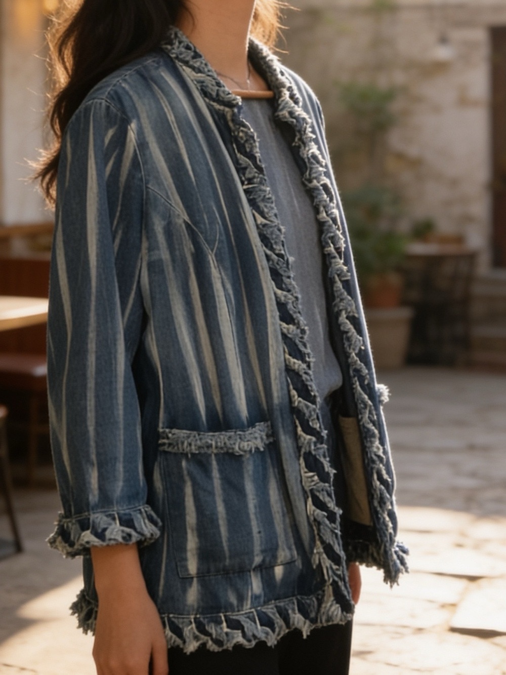 This Chico's elevated open-front,jacket in dark & light denim 100% cotton NWOT - Picture 7 of 7